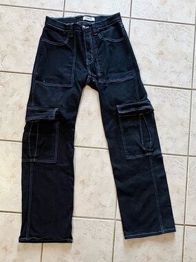 Hot Topic Black Cargo Pants with White Stitching
